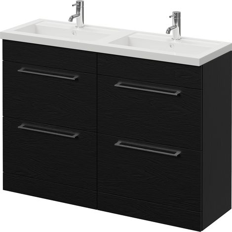 Napoli 390 Nero Oak 1200mm 4 Drawer Vanity Unit with Double Lucia Basins - 1200mm - Chrome 320mm Handle