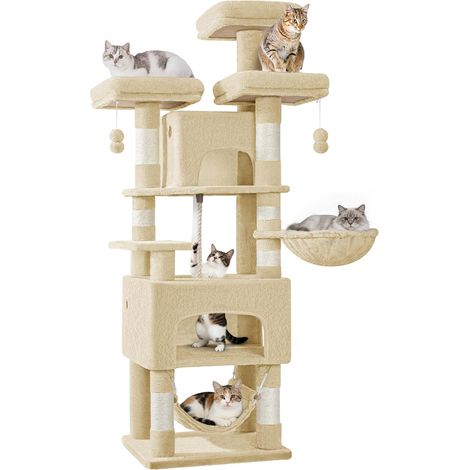Grand Arbre à Chat Hauteur 156 cm, XL Tour de Jeux pour Chats Intérieur, avec 7 Griffoirs, 3 Plateformes, 2 Niches, Hamac, Pompons, Robustesse pour Familles Multi-Chats, Beige