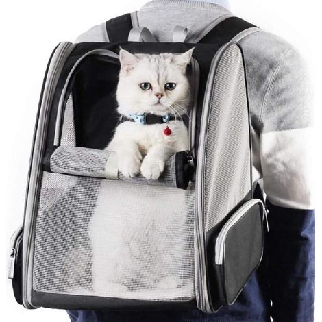 Sac de transport noir pour chats et petits chiens 7.5kg, sac à dos en mesh respirant pour animaux, pliable spacieux avec coussin doux amovible, panier de voyage train avion voiture (1/5)