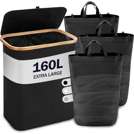 Wäschekorb Deckel 3 Fächer Wäschesäcke Bambus 160L Schwarz (1/5)