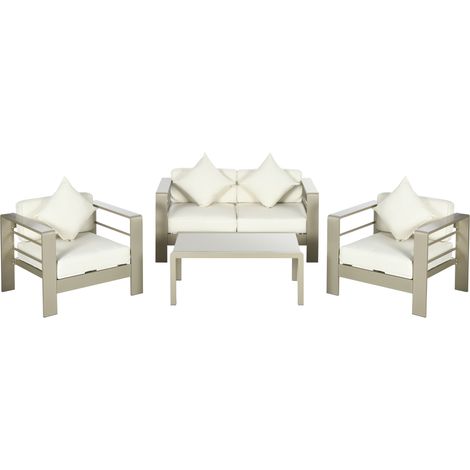 4 Pieces Outdoor Garden Furniture Set, Aluminium Frame Backyard Furniture w/ Thick Padded Cushioned Loveseat, 2 Chairs, Glass Top Table, Champagne Gold (1/5)
