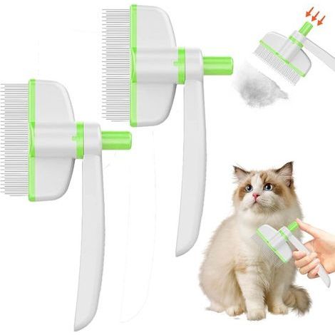 Set mit 2 wendbaren Unterfellkämmen – Grün – Katzen- und Hundebürste – Selbstreinigende Bürste (1/5)