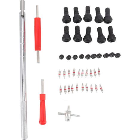 Ortviai Kit d’outils pour valve de pneu moto/vélo – extracteur de noyau, clé 4-en-1, 20 noyaux + 10 bouchons + 10 tiges TR412 (1/5)