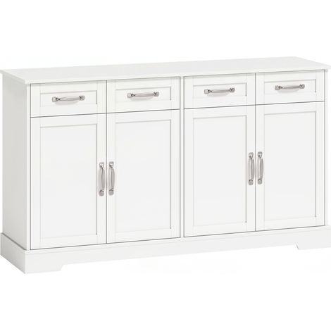 Buffet de cuisine style Shaker - 140x38x80 cm, blanc - 4 tiroirs et 4 portes - Rangement vaisselle - Pour cuisine, salle à manger - Design moderne (1/5)