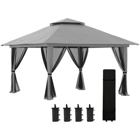 Tonnelle barnum de jardin pop-up pliant double toit protection UV 50+ avec 4 moustiquaires zippées 4 x 4 m gris (1/4)