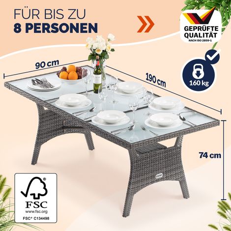 CASARIA® Polyrattan Gartentisch 190x90x74cm mit Ablage Glas Tischplatte Höhenverstellbar Wetterfest Garten Terrasse Tisch Esstisch Gartenmöbel Grau