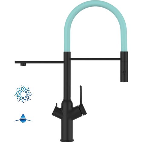 4 Wege Wasserhahn Kueche Spueltischarmatur Schwarz Matt Kuechenarmatur mit Tuerkis 360 schwenkbarem Auslauf und abnehmbare 2 strahl Handbrause - BOD Design