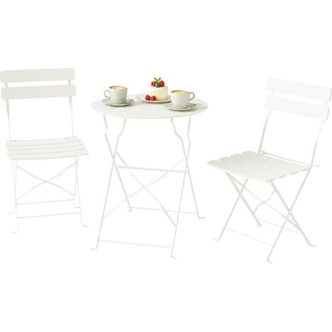 3-teiliges Garten-Set: Tisch + 2 Klappstühle mit doppeltem Lattenrost, rostfrei, cremefarben