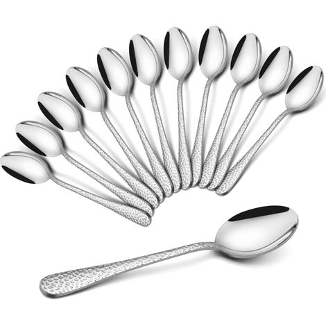 Lot de 12 cuillères à café en acier inoxydable avec poignée marteau, cuillères à dessert de 13,5 cm, pour la maison, le restaurant, les cantines, bord rond et poli brillant, JF6958 (1/5)