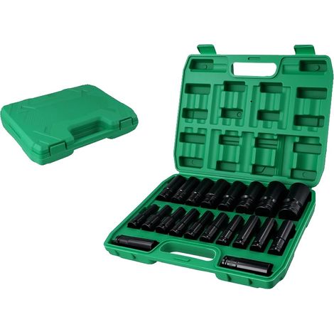 Set di bussole a impatto, in acciaio al cromo vanadio, misure da 8 a 32 mm, 20 pezzi, design esagonale, rivestimento in fosfato nero. (1/5)