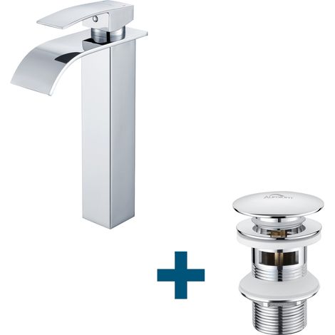 Auralum grifo monomando alto cascada + desagüe automático con rebosadero, grifo de baño con desagüe automático, cromo (1/5)