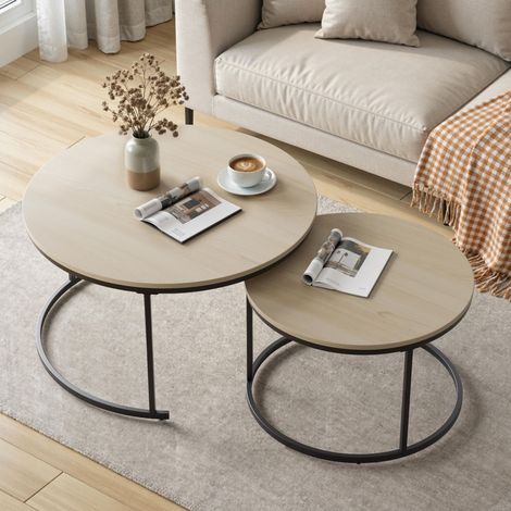 Ensemble de deux tables basses gigognes, placage chêne, table basse ronde de 80 cm de diamètre, structure en métal, style moderne, convient au salon, à la chambre, au balcon.