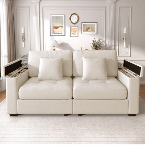 Sofá 2 plazas pequeño beige con almacenaje en reposabrazos y bolsillos laterales, tela suave y 2 cojines, ideal para salón pequeño y apartamento CHICFURN (1/5)