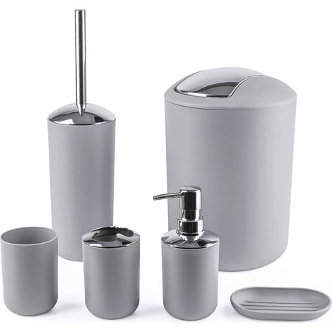 6 Accessoires de Salle de Bain en Plastique, Cadeau avec Porte-Brosse à Dents, gobelet à Brosse à Dents, Distributeur de Savon, Porte-Savon, Porte-Brosse de Toilette, Poubelle, Gris (1/5)