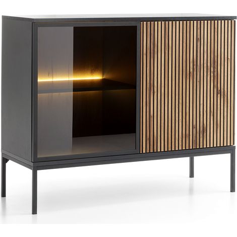 Wohnzimmer Kommode mit Beleuchtung in schwarz mit Wotan Eiche SIBARI-160 (1/5)