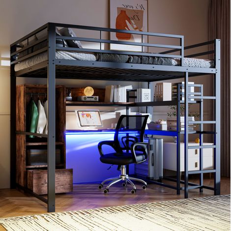 Cama alta 140x200x174 cm negra de metal y MDF con escritorio, cajón, estantes e iluminación LED (1/5)