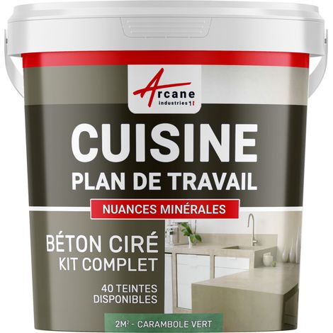 Béton ciré cuisine, plan de travail, crédence, évier sol et mur revêtement mural décoratif kit complet - 2 m² (en 2 couches) Carambole Vert - ARCANE INDUSTRIES