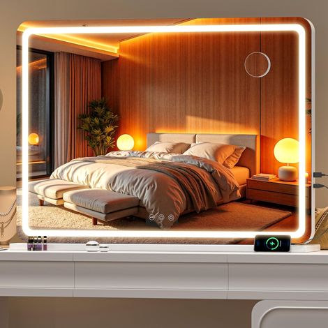 Miroir de beauté avec lumières, 100 x 73 cm Miroir de Maquillage LED avec grossissement 10x et 3 températures de Couleur, Miroir de Table à Commande Tactile, Rotation à 360°, Rond Blanc (1/5)