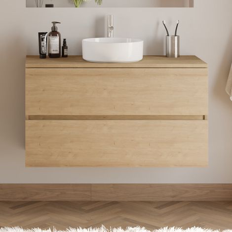 Meuble de salle de bain 100cm avec plateau et vasque à poser ronde - 2 tiroirs - sans miroir - nebraska (chêne clair) - IDA (1/5)