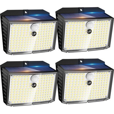 Lampe solaire avec détecteur de mouvement, 4 lampes solaires 158 LED blanc froid 3 modes avec détecteurs de mouvement, lumière murale solaire étanche IP65 pour jardin, garage, marches, terrasse (1/5)