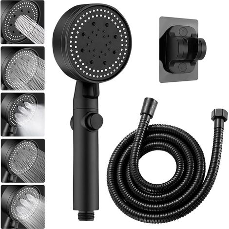 Pommeau de douche haute pression, pommeau de douche détachable à 5 jets, avec flexible de 1,5 m et support (noir) 1 pièce (1/5)