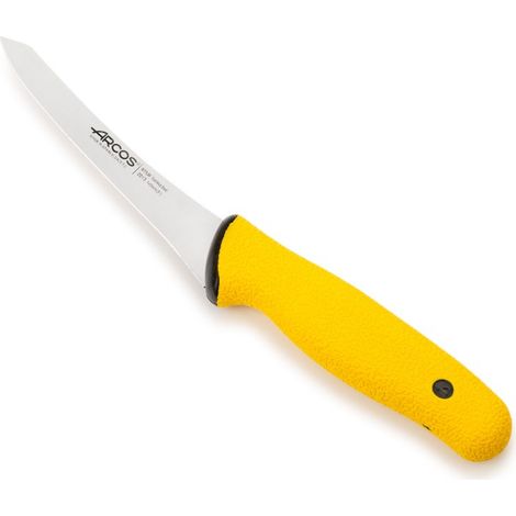 Cuchillo deshuesador semi rígido, Arcos, Duo Pro 201300 de 140 mm, hoja NITRUM con punta biselada y mango ergonómico antideslizante para carnicería profesional, color amarillo (1/5)