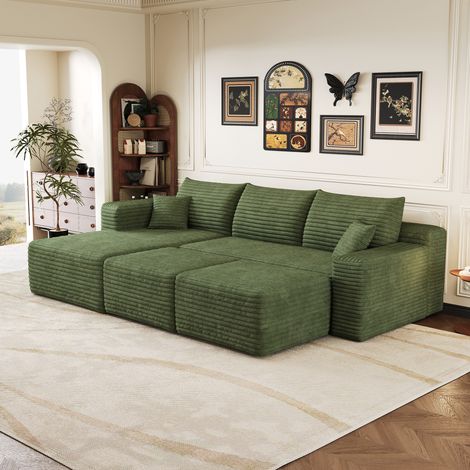 Divano letto in velluto a coste compresso, verde, 3 posti + 2 pouf, chaise longue a sinistra, nessun montaggio richiesto, schiuma 35D, 241x151x58 cm (1/5)