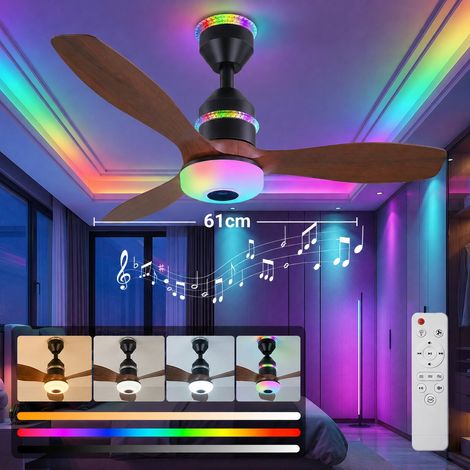 Ventilateur de Plafond avec Lumière LED Haut-Parleur Bluetooth 60cm RGB Moteur Silencieux Noyer