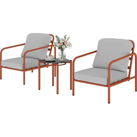 Salon de Jardin 3 Pièces, 2 Fauteuils, 1 Table Basse, Coussins Épais, Plateau en Verre Trempé, 63x77x76cm, Rouge Vineux