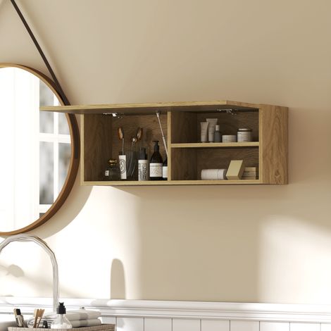 Panel mural con puertas plegables y estantes de madera, 80 x 25 x 30 cm, natural (1/5)