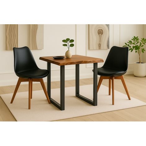 Essgruppe Baumkante massiv 80 x 80 cm Holz-Optik Nussbaum U-Gestell schwarz & 2 Stühle schwarz JOSY (1/5)