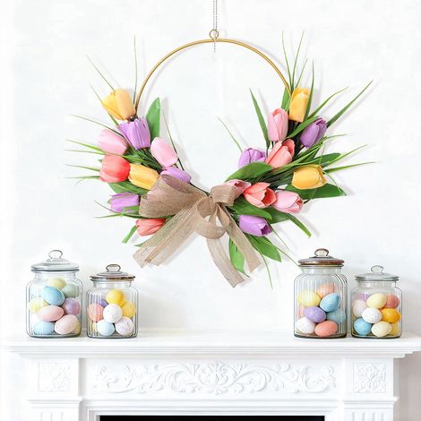 Guirlande De Tulipes Artificielles - 40 Cm - Avec Marteau En Fer Forgé - Décoration De Porte Et Intérieur - 1 Pièce (1/5)