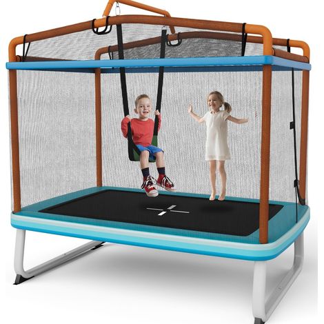 3-in-1 Kids Trampoline 6FT Rectangle Toddler Trampoline w/ Swing Horizontal Bar