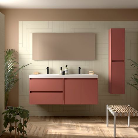 Badezimmermöbel NOJA 1400 2 Türen und 2 Schubladen RED SATIN + Waschtisch + Spiegel