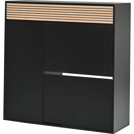 Scarpiera stretta con 1 porta, 2 ante ribaltabili, nero e legno, 100 x 35 x 105 cm (1/5)