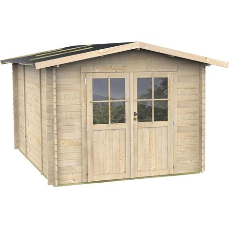 ALCE - Caseta de Jardín Bh25 Opera 215x180 de Madera de abeto natural 25 mm con puerta doble con ventana, techo y suelo machihembrado, viga de cimentación, montaje fácil, certificación PEFC (1/5)