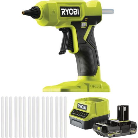Confezione RYOBI 18V Pistola per colla - 15 stick di colla - 1 batteria da 2,0Ah - 1 caricatore da 2,0Ah