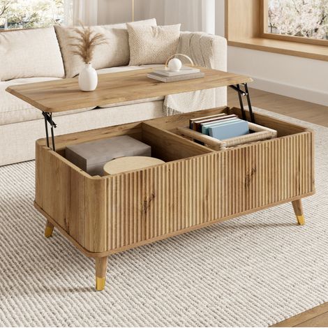 Table basse relevable avec rangement, 97 x 52 x 56,5 cm, MDF, couleur bois, REDOM (1/5)