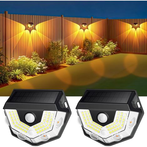 Lámpara solar de exterior con detector de movimiento, 3 modos, opción de luz blanca cálida, adecuada para vallas, patios, jardines, muros, etc.
