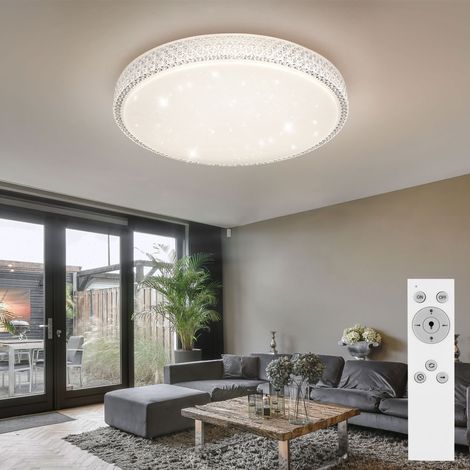 Plafoniera Lampada da soffitto lampada da camera da letto soggiorno, effetto stella CCT dimmerabile telecomando, cristalli in metallo bianco, 1x LED 40W 3200Lm bianco caldo-bianco freddo, DxH 60x11cm (1/5)