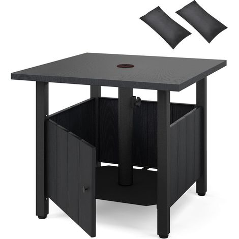 Table d appoint noire en alliage zinc-fer avec trou pour parasol, pieds réglables et rangement, pour terrasse et jardin (1/5)