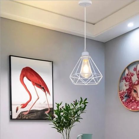 1PCS Lampe Suspension Moderne Blanc, Lustre Luminaire Industrielle en Fer Forge Diamant pour Salon Chambre (1/4)