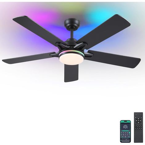 RGB Ventilateur Plafond avec Lumiere Silencieux 132 cm, Ventilateur de Plafond avec Telecommande et APP, Plafonnier Ventilateur Led pour Chambre Salon, Réversible, Pales en Bois, Noir (1/5)