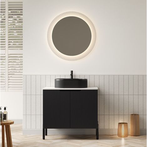 Mobile lavabo freestanding in MDF nero con lavabo ovale in ceramica e piano in pietra sinterizzata, 76 cm (1/5)