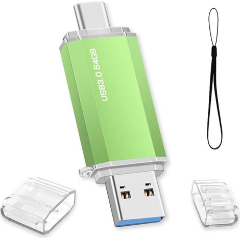 Clé USB C 64 GO, Clé USB 64Go 3.0 OTG Type C Flash Drive 2 en 1 Pen Drive Portable Clef USB Mémoire Stick pour Ordinateur Portable/PC/Voiture/Tablette/Smartphone/TV (Vert) (1/5)