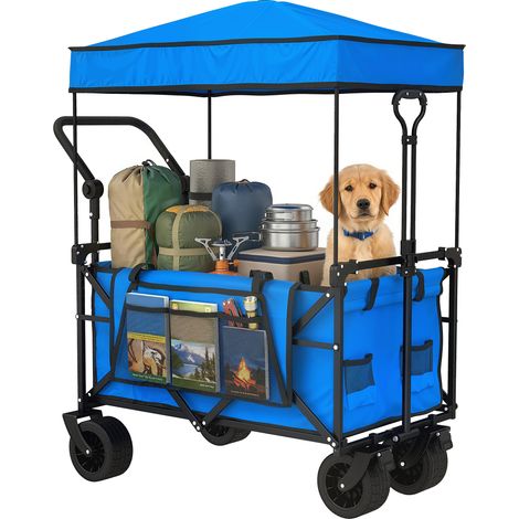 Outsunny carro playa plegable con ruedas grandes con freno, techo extraíble, barra ajustable, portavasos y bolsillos carga 100 kg para campaña compras