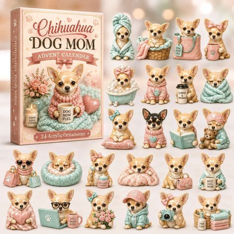 Chihuahua-Adventskalender 2026 – 24-teilig – Beige, Rosa, Mintgrün, Schwarz – Acryl – 28 x 20 cm – Motiv: Chihuahua-Hängeornamente – Weihnachtsbaumschmuck – geeignet für Weihnachtsfeiern und als Dekor (1/5)