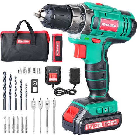 HYCHIKA Trapano Avvitatore Batteria 12V, 2 Velocità 21+1 Impostazione Della Coppia Massima di 30 Nm, 5x Punte Elicoidali, 20x Pezzi di Viti, Adatto Per Praticare Fori su Legno, Plastica e Metallo (1/5)