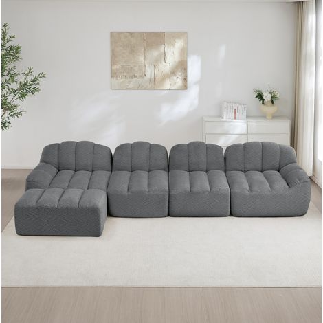 Divano modulare a 4 posti con 1 pouf, grigio, schiuma 32D e tessuto morbido (1/5)