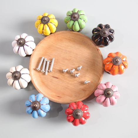 Set de 9 boutons de tiroir en céramique en forme de citrouille - combinaison de couleurs vives - fixation à vis 5mm - pour armoires et tiroirs (1/5)